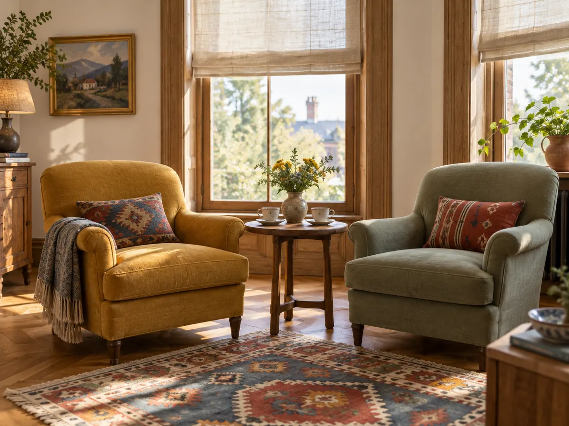 Kilim serili aydınlık odada iki koltuk ve arasındaki sehpada iki fincan çay